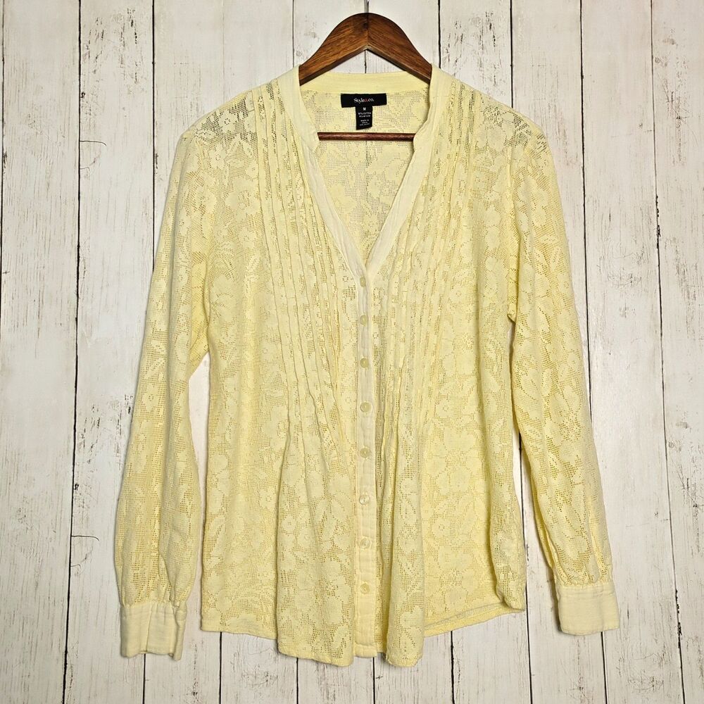 Yellow Lace Button Front Top Boho Cottagecore Sheer Blouse Medium Whimsical